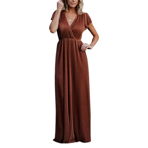 Baltic Born Athena Pleated Brown Short Sleeve Maxi Dress Sz M - Picture 1 of 11